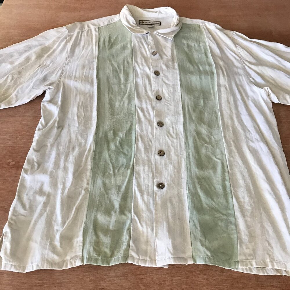 Duke Kahanamoku 100% Silk Shirt Men 2XL Green Striped Button Up Short Sleeve